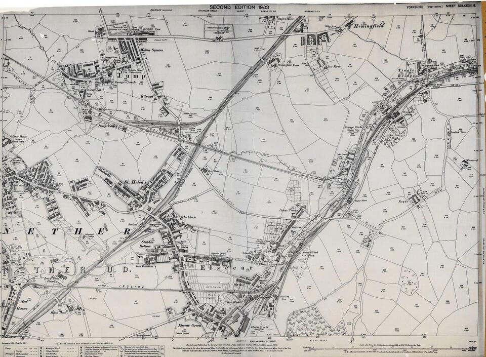 Black and white historical map showing detailed layout of roads, buildings, fields, railways, and labeled areas in Etherley and St. John's Chapel regions, with contour lines and various landmarks marked throughout.
